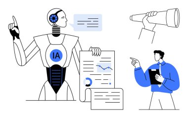 Robot analitik çizelgeleri ve veri tablosunu tutuyor. Yakınlarda teleskopu olan bir profesyonelle konuşuyor. Yapay zeka yeniliği, veri sunumu, fütüristik kavramlar, takım çalışması, analitik için ideal