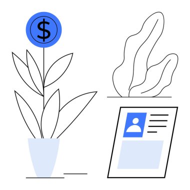 Esrarın içinde büyüyen para, kullanıcı detaylarıyla dolu bir profil kartı ve asgari soyut yapraklar. İş, finans, kişisel büyüme, yatırım, işe alım, eko-bilinç için ideal basit iniş sayfası