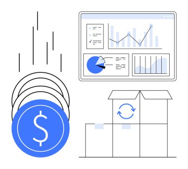 Ekrandaki grafikler ve pasta grafiği, bozuk paralar ve dönen oklarla dolu ürün kutuları. Finans, analitik, iş, e-ticaret, lojistik, büyüme stratejisi teknolojisi için ideal basit iniş