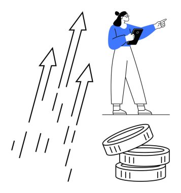 Elinde tablet tutan profesyonel bir kadın, yükselen ok ve sikkeleri işaret ediyor. Ticari büyüme, mali planlama, yatırım, liderlik, hedef belirleme, başarı stratejisi, basit iniş için ideal