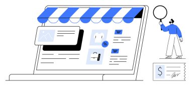 Dizüstü bilgisayar mağaza önü, alışveriş arabası ve indirimli e-ticaret platformunu gösteriyor. Balon tutan kişi, makbuzu yakınlarda. E-ticaret, pazarlama, satış, ödeme kapıları için ideal küçük