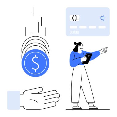 Tablet tutan kişi, madeni paralar ve kredi kartı görüntüleri. Fintech, e-ticaret, bankacılık, mobil ödemeler, mali güvenlik, bütçe ve basit iniş sayfası için ideal