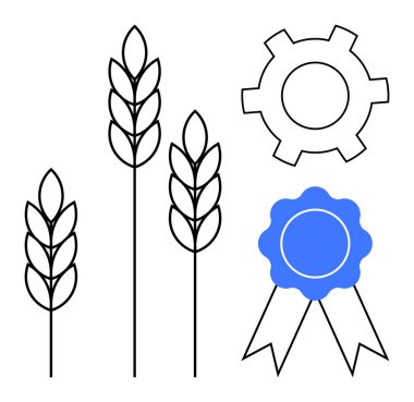 Buğday sapları, dişliler ve kurdele rozeti tarımı, yeniliği ve başarıyı ön plana çıkarıyor. Çiftçilik, sürdürülebilirlik, teknoloji, üretim mükemmelliği sertifikası basit iniş için idealdir.