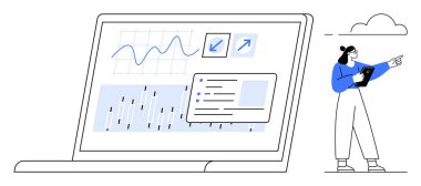 Grafikleri, analizleri ve raporları gösteren dizüstü bilgisayar. Tabletteki eğilimleri analiz eden bir kadın. Teknoloji, analitik, veri görselleştirme, üretkenlik, strateji içgörüleri için ideal basit iniş sayfası