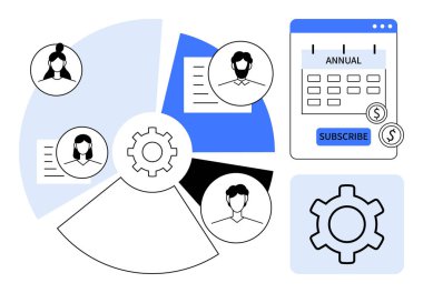 Merkezde vites, takım üyesi avatarlarla segmentli pasta grafiği, dolar simgesiyle abonelik takvimi arayüzü. Takım çalışması, proje yönetimi, planlama, abonelik platformları, hizmetler için ideal