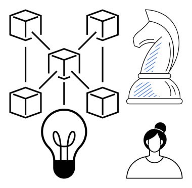 Blockchain bağlantı diyagramı, strateji için satranç şövalyesi, yenilik için parlayan ampul, insan unsurunu sembolize eden dişi avatar. Teknoloji, strateji, yenilik, takım çalışması, liderlik için ideal