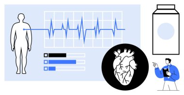 Tıbbi uzman, EKG ölçümü, detaylı kalp ve ilaç şişesi de dahil olmak üzere sağlık verilerini rapor etmeyi işaret ediyor. Sağlık, kardiyoloji, tıbbi teknoloji, hasta bakımı ve sağlık için ideal
