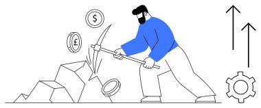 Adam taşlardan dijital madeni paralar çıkarmak için kazma kullanıyor. Kripto para birimi, engelleme zinciri, ademi merkeziyet, ekonomik büyüme, teknoloji eğilimleri, dijital ekonomi, basit iniş sayfası için ideal