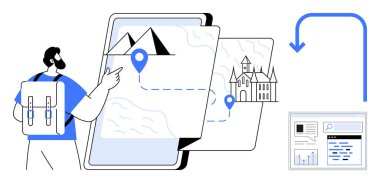 Sırt çantalı gezgin işaretli yerler, dağ ve simgelerle dijital haritayı keşfediyor. Navigasyon, turizm, seyahat planlaması, macera, teknoloji, keşif için ideal basit iniş sayfası