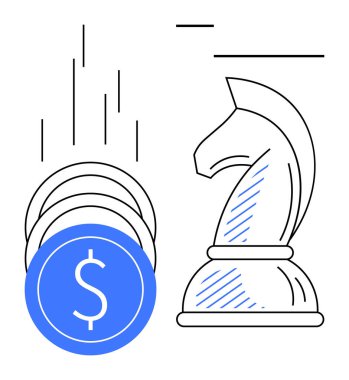 Satranç şövalyesi, maddi kararlar ve yatırımları temsil eden madeni paraların yanında stratejiyi sembolize ediyor. Strateji, finans, planlama, karar verme, büyüme, yatırım, iş için ideal. Düz