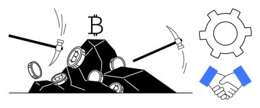 Kazmalar kayalardan bozuk para çıkarır, Bitcoin sembolü yukarıda, teçhizat ve el sıkışma simgeleri yanda. Kripto para birimi, takım çalışması, teknoloji, madencilik, engelleme zinciri, dijital finans sade iniş için ideal