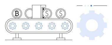 Taşıyıcı bant işleme Bitcoin ve dişli sembollü dolar sikkeleri, otomasyonu sembolize eden, fintech yeniliği. Kripto para birimi, engelleme zinciri, finans, otomasyon, teknoloji, dijital için ideal