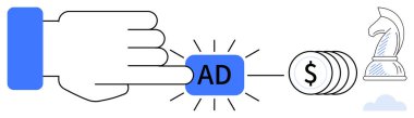 El ile reklam tuşuna basmak para kazandırır ve satranç şövalyesi stratejiyi temsil eder. Pazarlama, reklam, gelir, strateji, dijital büyüme, yatırım, iş kavramları için idealdir. Düz basit