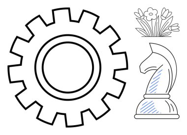 Vites mekaniği ve verimliliği sembolize eder. Strateji için şövalye satranç taşı ve yaratıcılık için çiçek. Mantıksal planlama, yenilik, doğa temaları, üretkenlik, stratejik düşünce için ideal