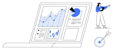Dizüstü bilgisayar grafikleri, grafikleri ve analiz araçlarını gösterir. Analizci yakınlarda veri analizi yapıyor. İş, strateji, pazarlama, hedefler, araştırma veri görselleştirmesi için ideal basit bir iniş sayfası