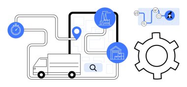 Konum kodu artı fabrika, depo simgeleri, kronometre, işlem şeması ve teçhizatı olan haritalı bir yolda bir kamyon. Lojistik, dağıtım, tedarik zinciri, otomasyon optimizasyon planı için idealdir.