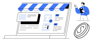 Bilgisayarda ürün detayları, indirimler, alışveriş arabası ikonları olan bir dükkan var. Dükkâna doğru el kol hareketi yapan bir adam. Para çevrimiçi ödemeyi temsil ediyor. E-ticaret, perakende, çevrimiçi için ideal