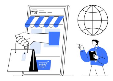 Mağaza arayüzünü ve mağaza vitrinini gösteren mobil cihaz, alışveriş torbalarını elden teslim eden, dünya çapında erişimi olan, tabletli adam açıklıyor. E-ticaret, dağıtım, online alışveriş için ideal.