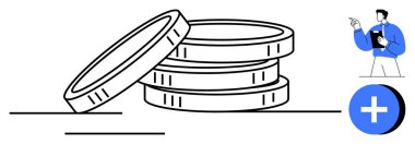 Yığılan paralar zenginliği simgeler. Elinde pano ve artı işareti olan adam yatırım, para yönetimi ve iş desteği öneriyor. Tasarruf, bütçe, ilerleme, planlama için ideal