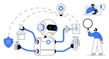 Mekanik kolları olan robot çoklu görevleri, kalkan, DNA sarmalları, ampul ikonları insan araştırmaları ve işbirliği. Yenilik için ideal, yapay zeka, otomasyon, teknoloji, işbirliği robotları