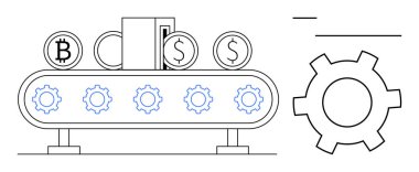 Taşıyıcı bant, bitcoin ve dolar paralarını vites ve işlem arayüzünün yanına aktarıyor. Finans, otomasyon, kripto para birimi, teknoloji, iş akışı optimizasyonu, fintech yeniliği için ideal