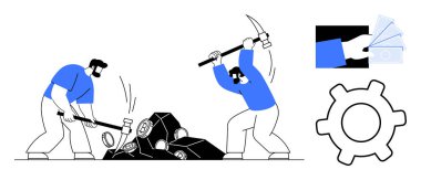 İki işçi kristalleri ortaya çıkarmak için çekiç ve kazmayla taş kırıyor. Parayla tamamlanmış, çark simgeleri. İş gücü, madencilik, ekonomi, takım çalışması, iş sektörü hedefleri için idealdir. Düz basit metafor