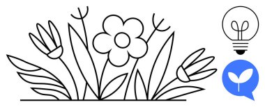 Çiçekler ve yapraklar basit bir sanat tarzında, sohbet baloncuğunun içinde bir ampul ve eko yaprak eşliğinde. Büyüme, eko-farkındalık, yenilik, sürdürülebilirlik, iletişim, yaratıcılık için ideal