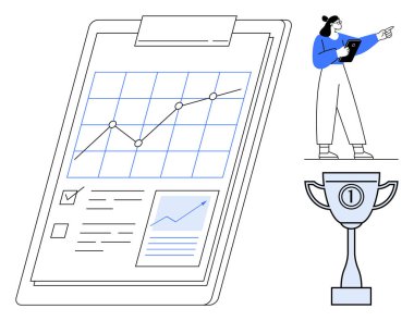 Panoda veri noktaları olan büyüme tableti, başarıyı ve başarıyı simgeleyen ödüllü kadın. Analiz, ilerleme, başarı, iş, sunumlar için ideal basit strateji