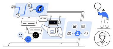Teknoloji asistanı sorguları, geri bildirim duyguları, konuşma balonları, uygulama simgeleri, kullanıcı profili. Yapay zeka, müşteri hizmetleri, geri bildirim, otomasyon iletişim tasarımı için ideal basit iniş sayfası