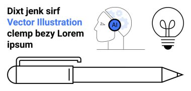 İnsan kafası AI dişli ikon, parlayan ampul ve yaratıcılığı, yapay zeka teknolojisini, beyin fırtınasını, yeniliği, yazmayı, eğitimi, basit iniş sayfasını vurgulayan geri çekilebilir kalem.