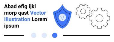 Güvenlik, sistem ayarları, operasyonlar ve güvenilirliği gösteren işaretli kalkanlar, vites ve metin elemanları. Teknoloji, siber güvenlik, bilişim hizmetleri geliştirme bakımı için ideal