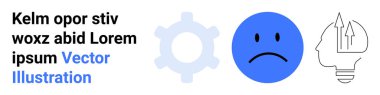 Mavi üzgün yüz, vites simgesi, ampul ve oklarla ana hatlarıyla duygu, takım çalışması, yaratıcılık, yenilik, problem çözme, teknoloji ve basit bir iniş sayfası.