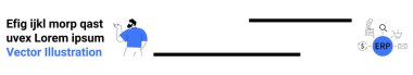 Birbirine bağlı ERP araçları ve analitik, arama ve iş akışını temsil eden ikonlara doğru hareket eden işadamı. İş, teknoloji, üretkenlik, yazılım, girişim ve bilişim çözümleri için ideal basit