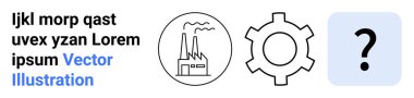 Dairesel çerçeve içindeki fabrika, vites sembolü ve mavi karede soru işareti. Endüstri, üretim, süreç, mühendislik, karar verme, basit iniş sayfası için ideal