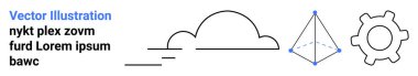 Bulut grafiği, vites simgesi, geometrik piramit ve soyut temalar için yer tutucu metin. Teknoloji, tasarım, yaratıcılık, veri, yenilik takım çalışması için ideal basit iniş sayfası
