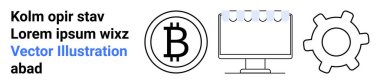 Bitcoin işareti, spirale bağlı defter, bilgisayar ekranı ve vites tasarımı. Basit bir iniş sayfası planlama şifreleme, engelleme zinciri, finans, teknoloji, dijital araçlar için ideal