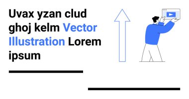 Elinde bir tablet tutan kişi, yukarı doğru ok, siyah ve mavi metin ve minimalist tasarım. İletişim, teknoloji, içerik oluşturma, medya, büyüme eğitimi için ideal basit iniş