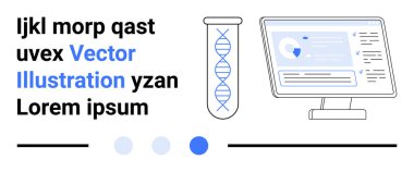 DNA iplikli test tüpü, gösterge paneli olan bilgisayar ekranı, metin blokları, soyut şekiller. Bilim, araştırma, teknoloji, sağlık, veri eğitimi için idealdir. Basit iniş sayfası