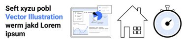 Veri analizi, çizelgeler, ev illüstrasyonu ve kronometre ile gösterge paneli. İş, gayrimenkul, veri analizi, üretkenlik, zaman yönetimi, raporlama araçları için ideal basit iniş sayfası