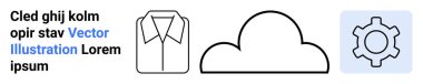 Gömlek hatları, basit bulut şekli, yumuşak renklerde vites simgesi. Teknoloji, bilgisayar, veri depolama, giyim tasarımı, moda, takım çalışması için ideal basit iniş sayfası