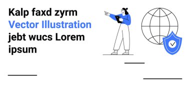 Tablet tutan iş kadını, işaretli simgesinin yanındaki küreyi işaret ediyor. Teknoloji, siber güvenlik, veri, küresel iş, eğitim, liderlik, basit iniş sayfası için ideal