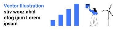 Rüzgar türbini ve histogram yakınlarındaki bar tablosunu tutan kadın figürü. Sürdürülebilirlik, ekonomi, veri analizi, yenilenebilir enerji, iş büyümesi, takım çalışması, basit iniş sayfası için ideal
