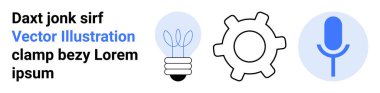 Fikirler için ampul, ayarlar için dişli, ses komutları veya iletişim için mikrofon. Teknoloji, yenilik, yaratıcılık, beyin fırtınası, ses tanıma, çözümler için ideal basit iniş sayfası