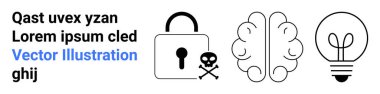 Siber güvenlik için kafatası, bilgi için beyin ve fikirler için ampul. Teknoloji, yenilik, eğitim, yaratıcılık, strateji, koruma ve basit iniş sayfası için ideal