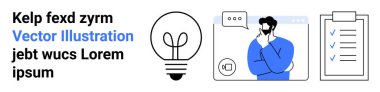 Sohbet balonu ve web sayfası ile düşünen adam, ampul yaratıcılığı konsepti, kontrol listesi organizasyon aracı. Yaratıcılık, beyin fırtınası, planlama, üretkenlik, takım çalışması, yenilik için ideal basit