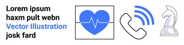 Kalp atışı çizgisi olan mavi kalp, işaretli telefon ve satranç şövalyesi ana hatları. Sağlık, telekomünikasyon, karar verme, strateji, eğitim, teknoloji için ideal