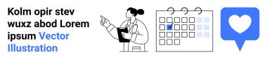 Elinde bir dosya tutan kadın doktor ve işaretli tarihli bir takvimi işaret ediyor, konuşma balonunda bir kalp ikonu ile eşleştirilmiş. Sağlık hizmetleri, randevular, programlama, hatırlatıcılar, sağlık için ideal