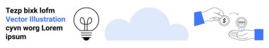 Fikirler için ampul, depolamayı veya teknolojiyi sembolize eden bulut, dijital para alışverişi yapan eller. Yenilik için ideal, teknoloji, finans, veri paylaşımı, yaratıcılık, bulut hizmetleri basit iniş sayfası