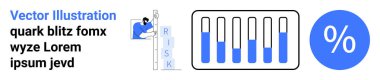RISK harflerinin yanındaki merdivene tırmanan adam, bar çizelgesi ilerleme çubuklarını gösteriyor, mavi dairenin yüzdesi. Risk yönetimi, analiz, finans, performans, veri izleme, değerlendirme için ideal