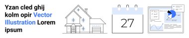 Ev simgesi, takvim 27, ve pasta grafiğiyle analitik gösterge paneli. Gayrimenkul, zamanlama, analitik, iş planlaması, raporlar, veri içgörüleri için ideal basit iniş sayfası